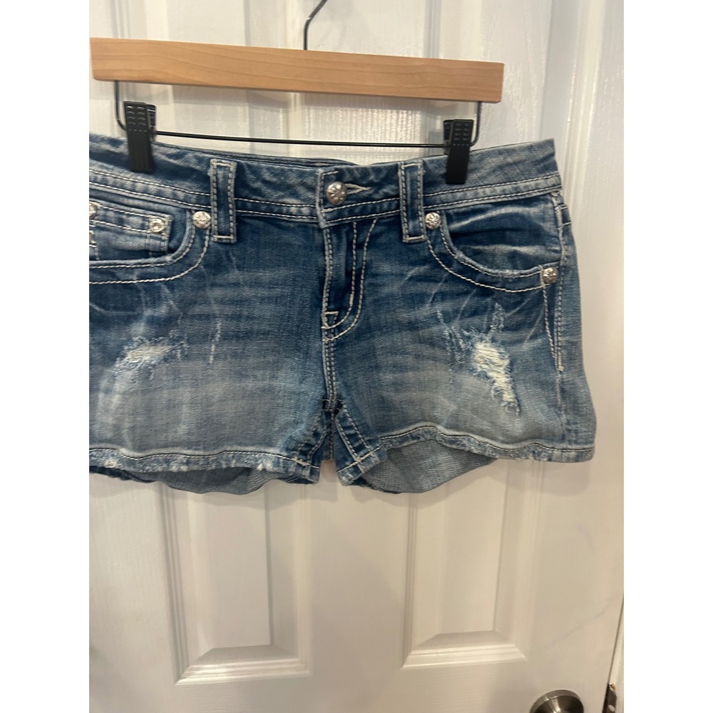 Miss Me Denim Shorts Blue Distressed Embellished Mid Rise Easy Shorts